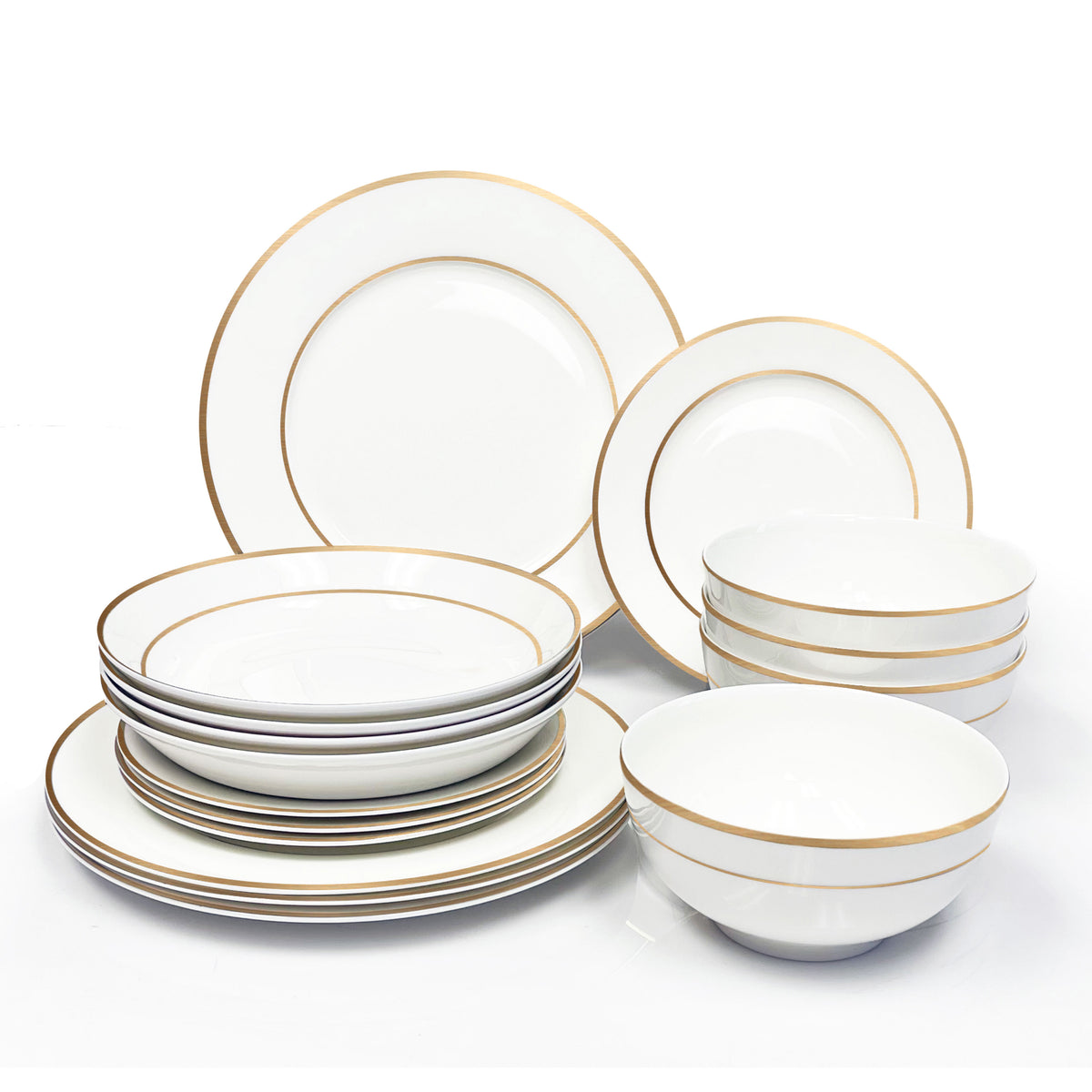 Bone China Dinnerware, 20PC Set, Service for 4, Double Gold Rim