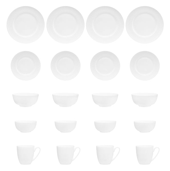 QOUTIQUE Bone China Dinnerware, 20PC Set, Service for 4, White Embossed, stripe, Microwave Safe, Translucent, Elegant giftware, Dish set, Essential Home, Kitchen Dishes, Dinner Set