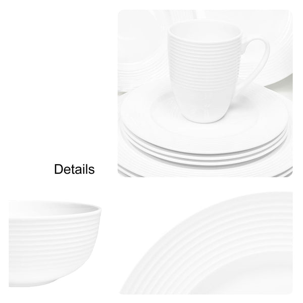 Bone China 16 Piece Dinnerware Dish Set, Service for 4, White Embossed Circle, Microwave Safe, Translucent, Elegant giftware, Essential Home, Formal and Everyday Living, Kitchen Dishes, Dinner Set