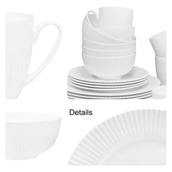 QOUTIQUE Bone China Dinnerware, 20PC Set, Service for 4, White Embossed, stripe, Microwave Safe, Translucent, Elegant giftware, Dish set, Essential Home, Kitchen Dishes, Dinner Set