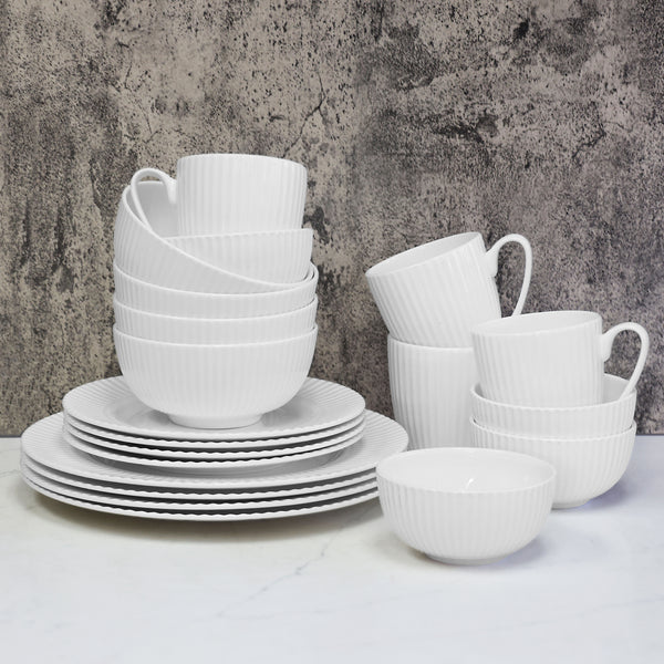 QOUTIQUE Bone China Dinnerware, 20PC Set, Service for 4, White Embossed, stripe, Microwave Safe, Translucent, Elegant giftware, Dish set, Essential Home, Kitchen Dishes, Dinner Set