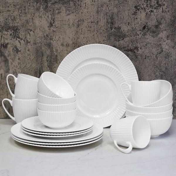 QOUTIQUE Bone China Dinnerware, 20PC Set, Service for 4, White Embossed, stripe, Microwave Safe, Translucent, Elegant giftware, Dish set, Essential Home, Kitchen Dishes, Dinner Set