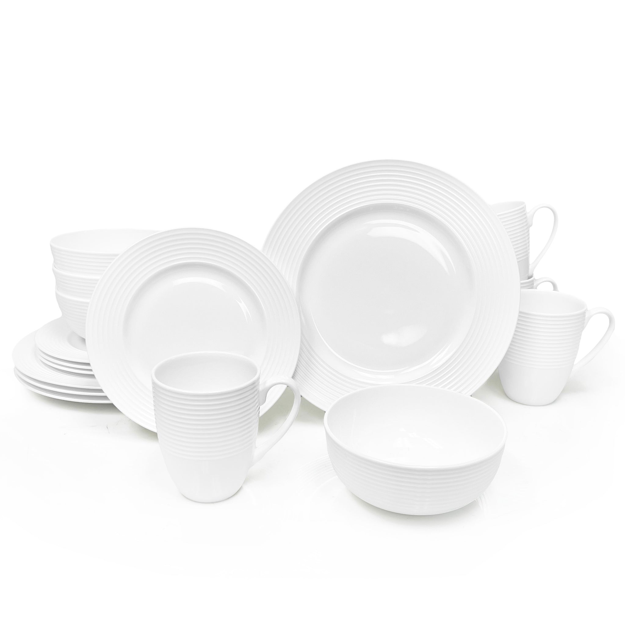 Bone China 16 Piece Dinnerware Dish Set, Service for 4, White Embossed Circle, Microwave Safe, Translucent, Elegant giftware, Essential Home, Formal and Everyday Living, Kitchen Dishes, Dinner Set