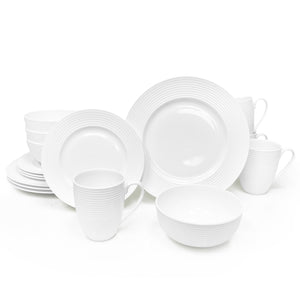 Bone China 16 Piece Dinnerware Dish Set, Service for 4, White Embossed Circle, Microwave Safe, Translucent, Elegant giftware, Essential Home, Formal and Everyday Living, Kitchen Dishes, Dinner Set