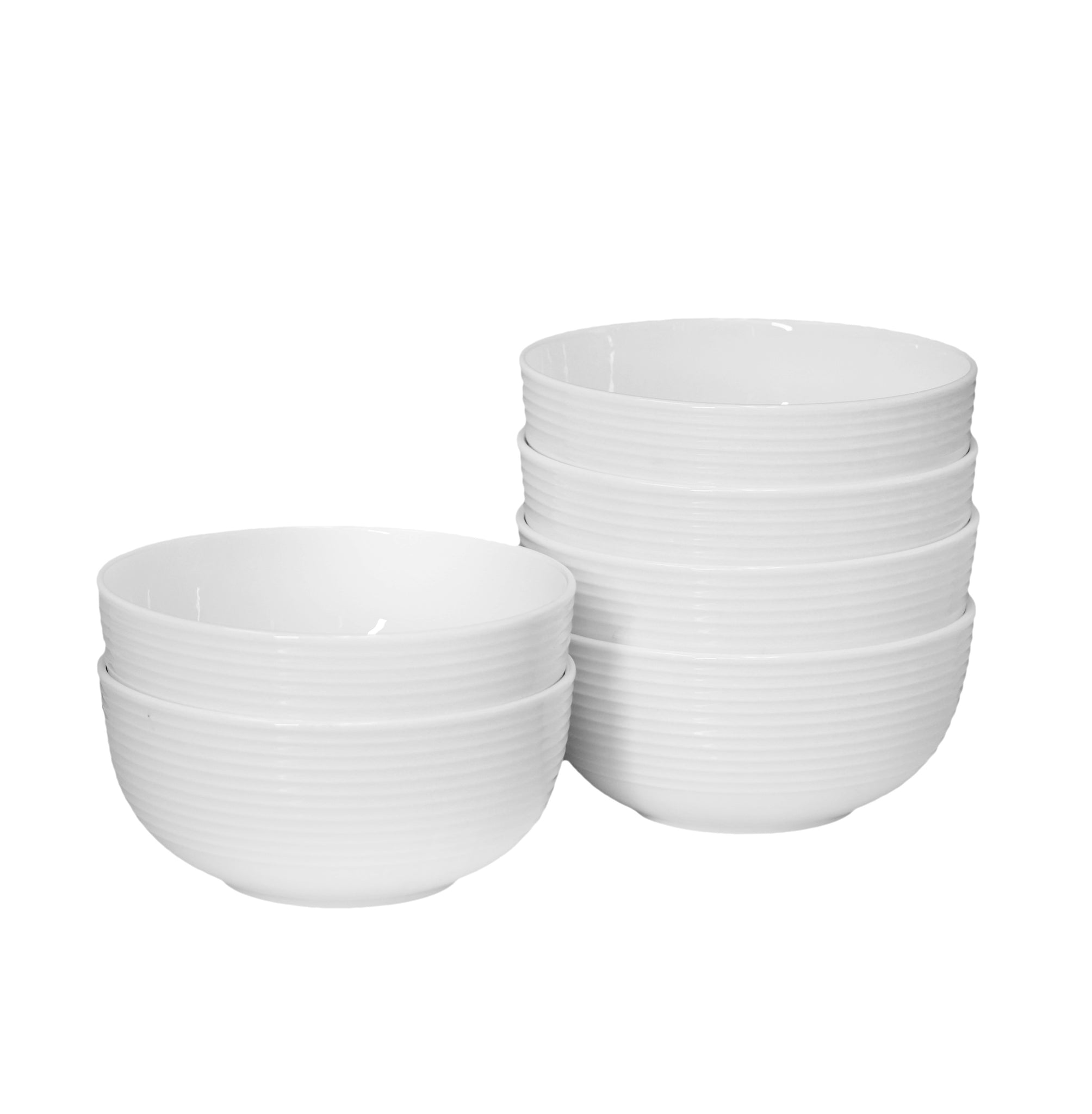 QOUTIQUE Bone China White Embossed Deep Bowl Set - 32 Ounce - Set of 6, 6 inch dia Large Cereal Bowl Set, For Soups and Salads, Serving Bowls, Large Capacity, Microwave & Dishwasher Safe