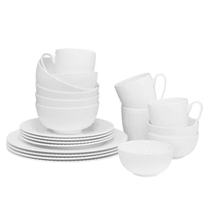 QOUTIQUE Bone China Dinnerware, 20PC Set, Service for 4, White Embossed, stripe, Microwave Safe, Translucent, Elegant giftware, Dish set, Essential Home, Kitchen Dishes, Dinner Set