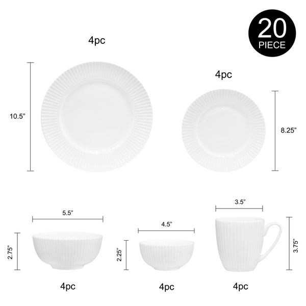 QOUTIQUE Bone China Dinnerware, 20PC Set, Service for 4, White Embossed, stripe, Microwave Safe, Translucent, Elegant giftware, Dish set, Essential Home, Kitchen Dishes, Dinner Set