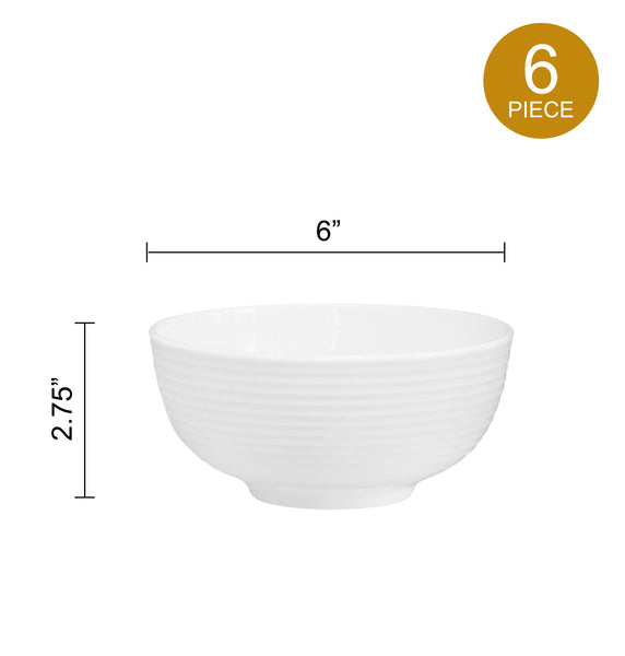 QOUTIQUE Bone China White Embossed Deep Bowl Set - 32 Ounce - Set of 6, 6 inch dia Large Cereal Bowl Set, For Soups and Salads, Serving Bowls, Large Capacity, Microwave & Dishwasher Safe