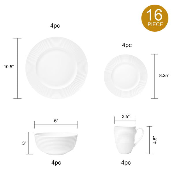 Bone China 16 Piece Dinnerware Dish Set, Service for 4, White Embossed Circle, Microwave Safe, Translucent, Elegant giftware, Essential Home, Formal and Everyday Living, Kitchen Dishes, Dinner Set