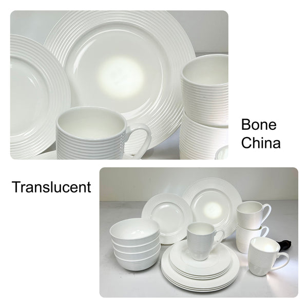 Bone China 16 Piece Dinnerware Dish Set, Service for 4, White Embossed Circle, Microwave Safe, Translucent, Elegant giftware, Essential Home, Formal and Everyday Living, Kitchen Dishes, Dinner Set