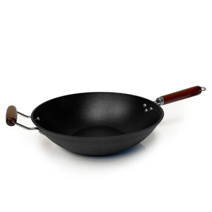 21st & Main Wok, Stir Fry Pan, Wooden Handle, 11 inch, Lightweight Cast Iron, Chef’s Pan, Pre-Seasoned Nonstick, for Chinese Japanese and Other