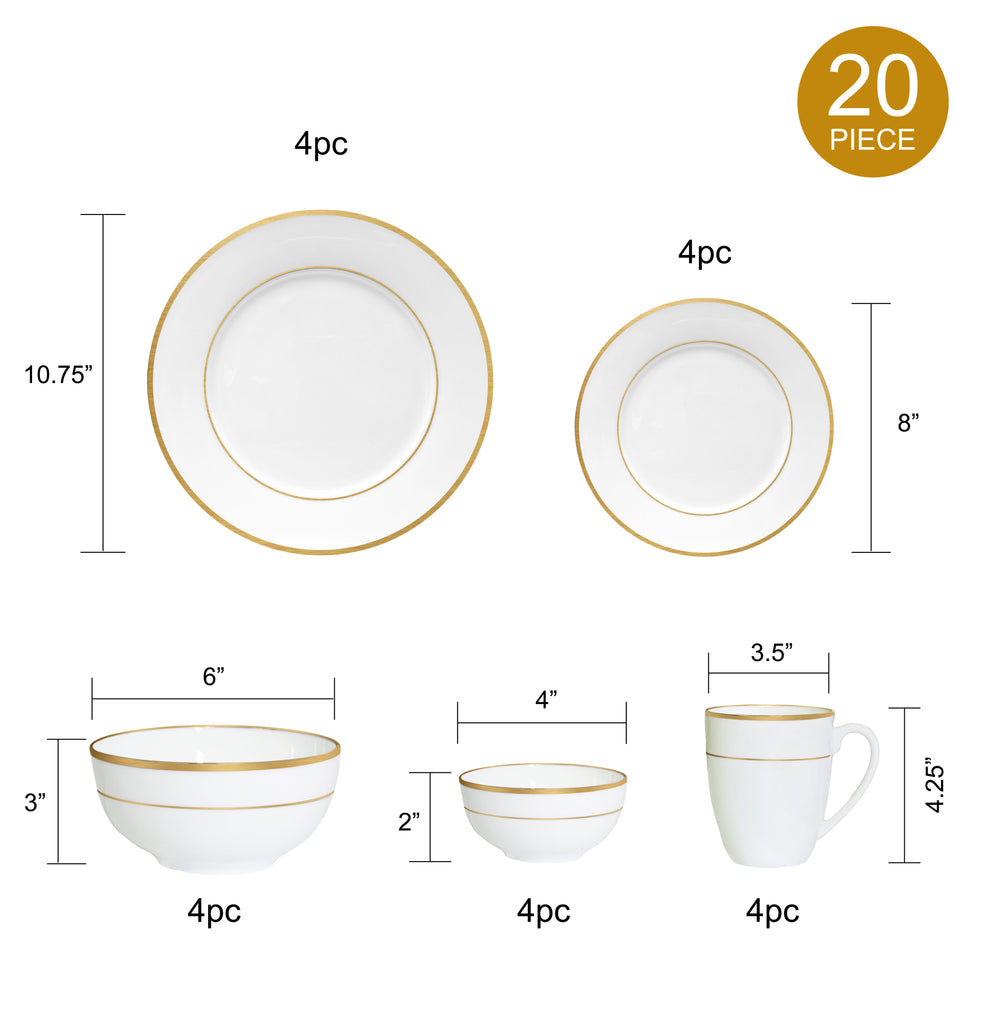Bone China Dinnerware, 20PC Set, Service for 4, Double Gold Rim