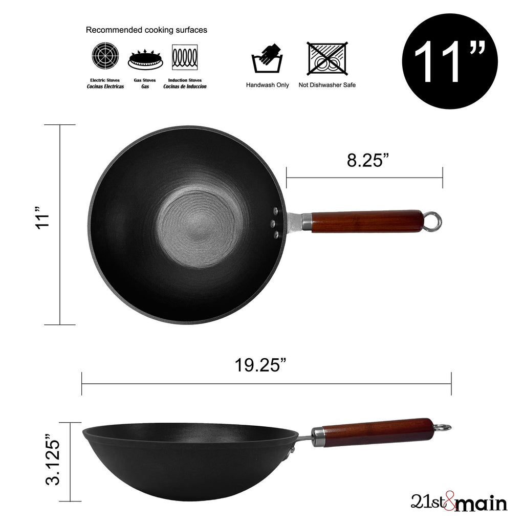 21st & Main Light weight Cast Iron Wok, Stir Fry Pan, Wooden Handle, with  Glass lid, 14 Inch, chef's pan, pre-seasoned nonstick, commercial and